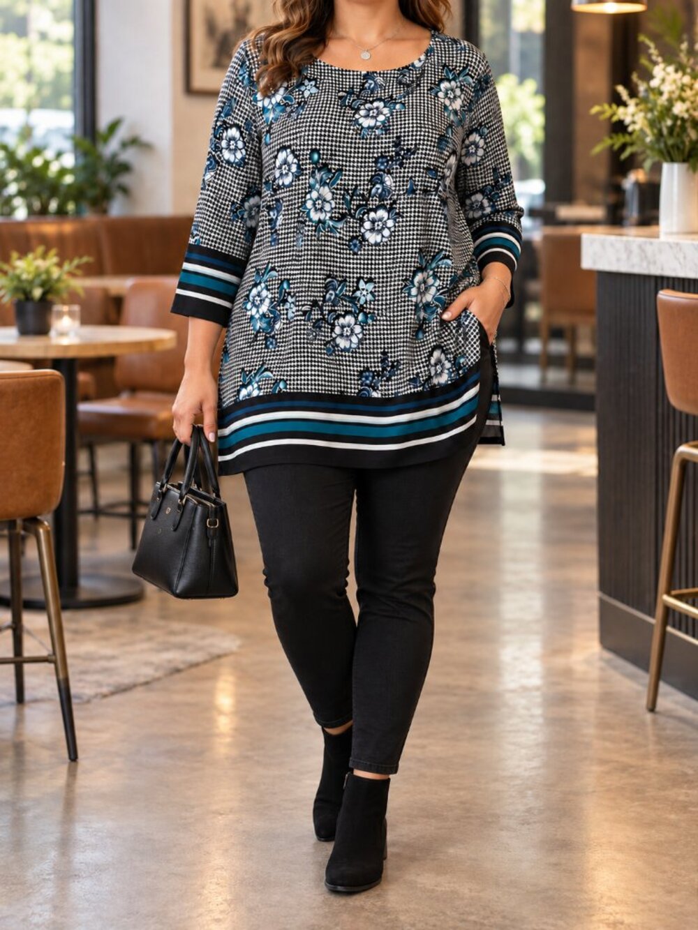 Avenue Floral Houndstooth Border Print Tunic Top Women’s 14/16 Teal Black